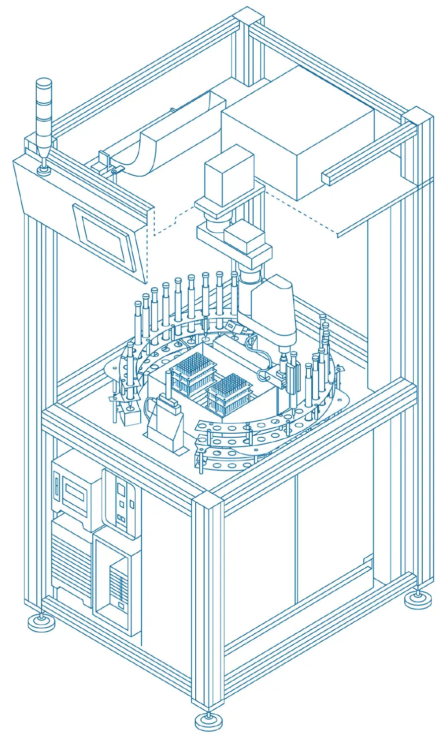 Black-and-white isometric line drawing of a complex machine with multiple vertical rods, a central work area, and a frame made of profile steel.