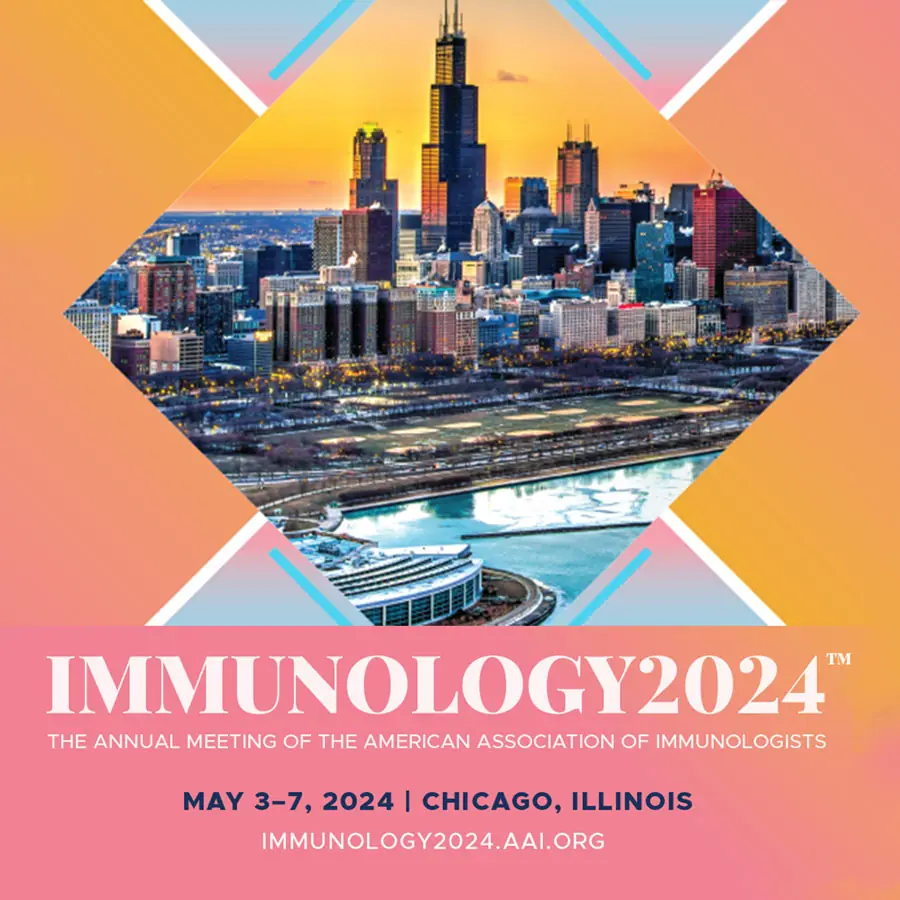 Chicago skyline with the Willis Tower and Lake Michigan waterfront framed by a geometric pattern with text about Immunology 2024 annual meeting