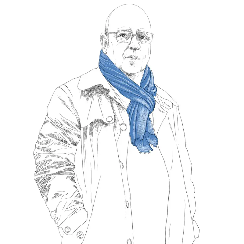Drawn half-portrait of Dr. Oliver Kreuzer wearing glasses, a blue scarf, and a jacket with the left hand in the pocket.