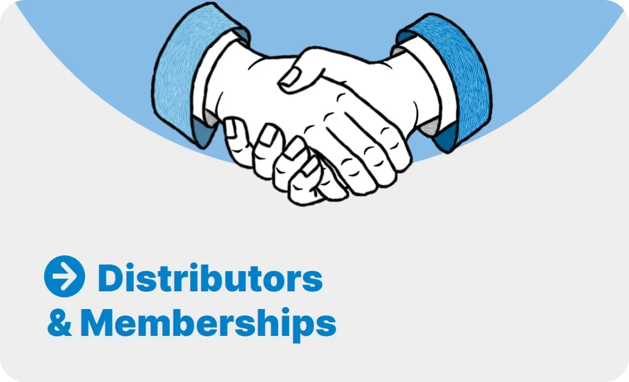 Two hands in shirt sleeves shaking hands against a blue background with link 'Distributors Memberships' and arrow symbol