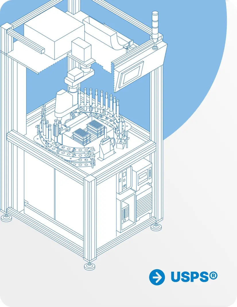 Isometric technical drawing of an automated synthesis machine with a rotary sample holder and control panel
