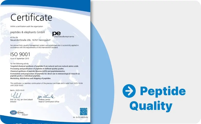 ISO 9001 certificate for peptides & elephants GmbH with link 'Peptide Quality' and arrow symbol
