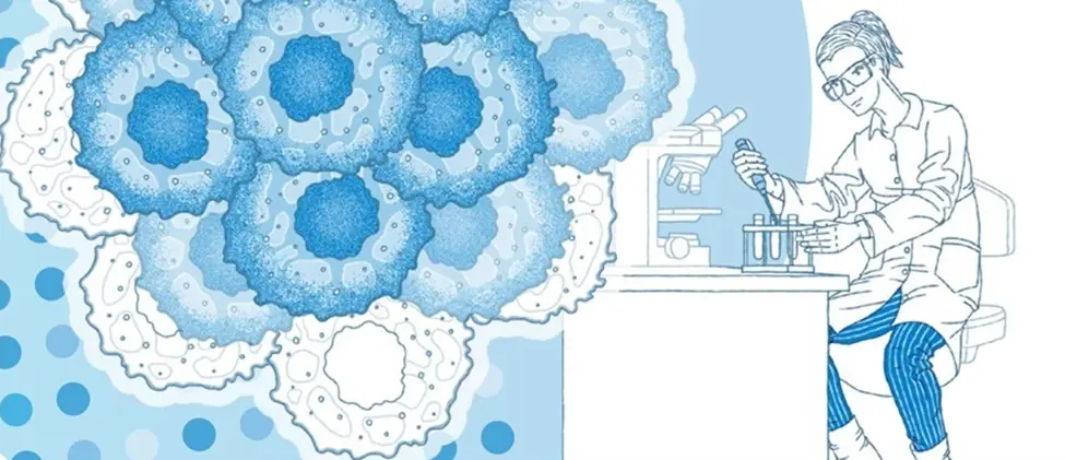 Illustration of cells and a person sitting in a lab holding a test tube next to a microscope