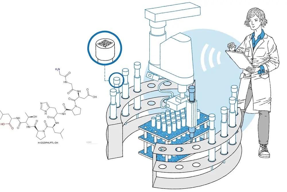 Drawing of a scientist controlling the ultrasound peptide synthesis platform